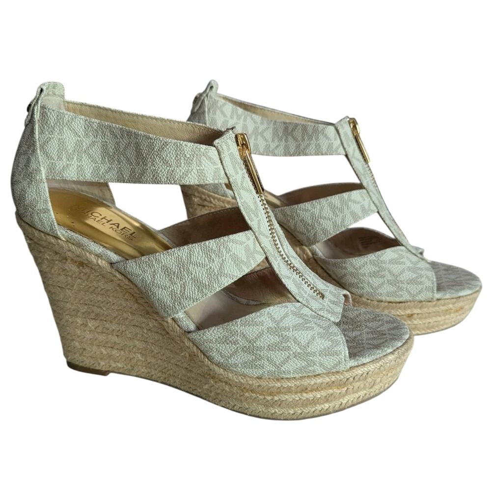 Michael Kors Vanilla Damita Logo MK Signature Wedge Sandals Women 7.5 Shoes - Picture 3 of 11